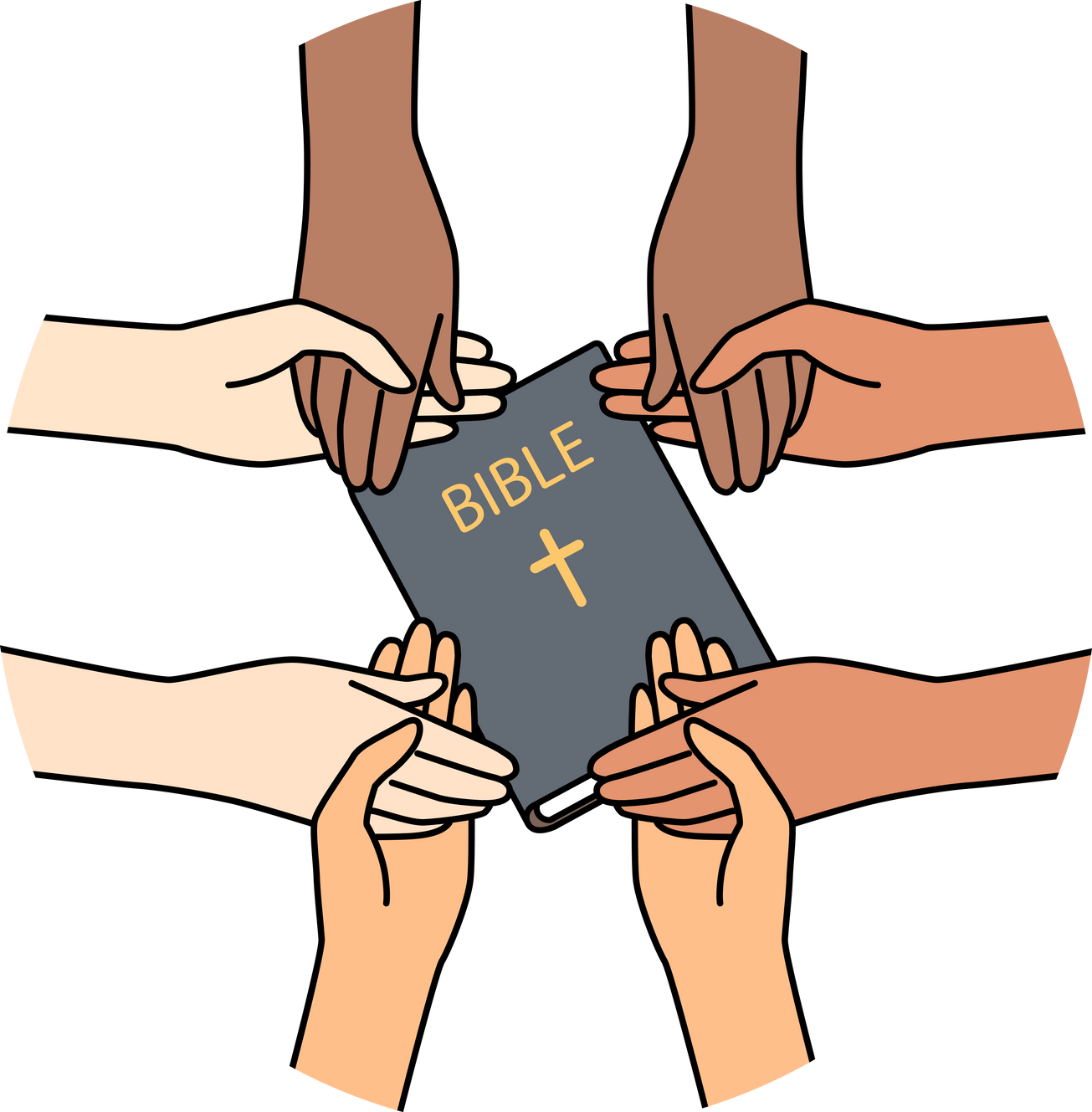 Diverse people with bible holding hands